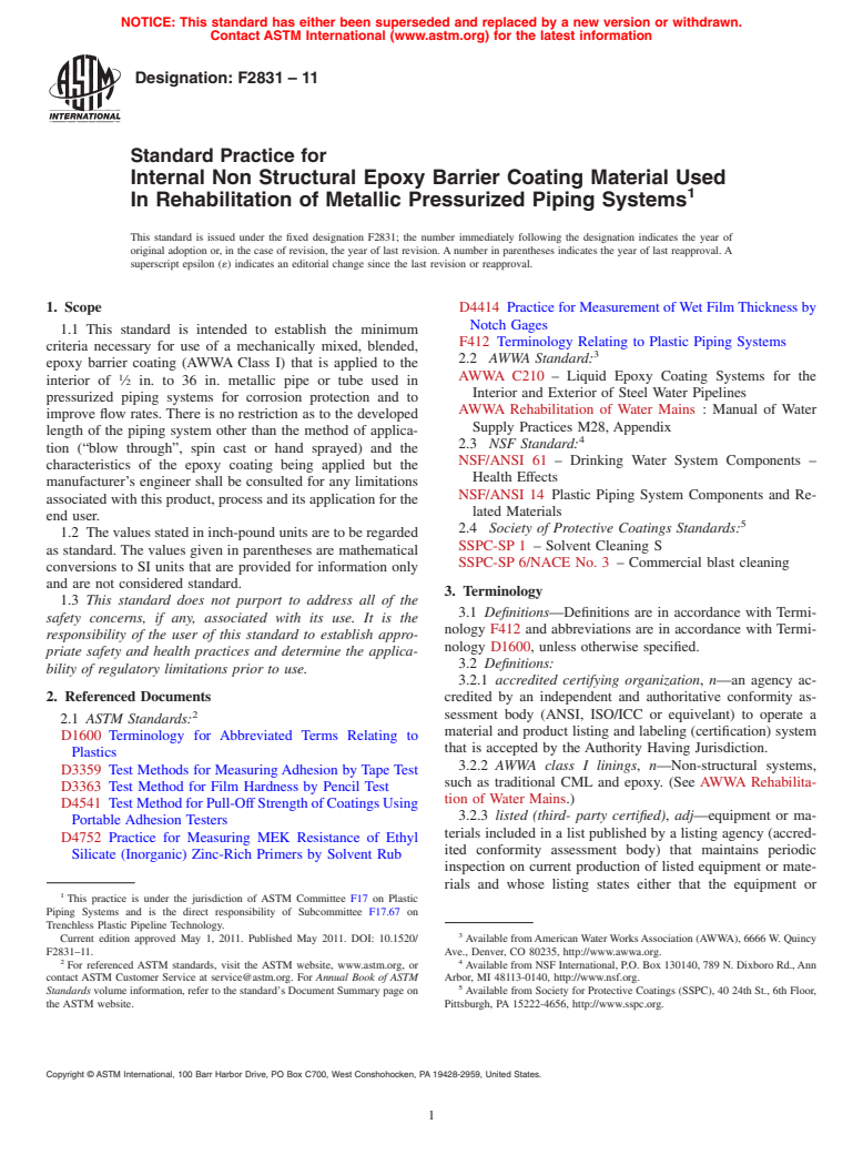 ASTM F2831-11 - Standard Practice for  Internal Non Structural Epoxy Barrier Coating Material Used In Rehabilitation of Metallic Pressurized Piping Systems