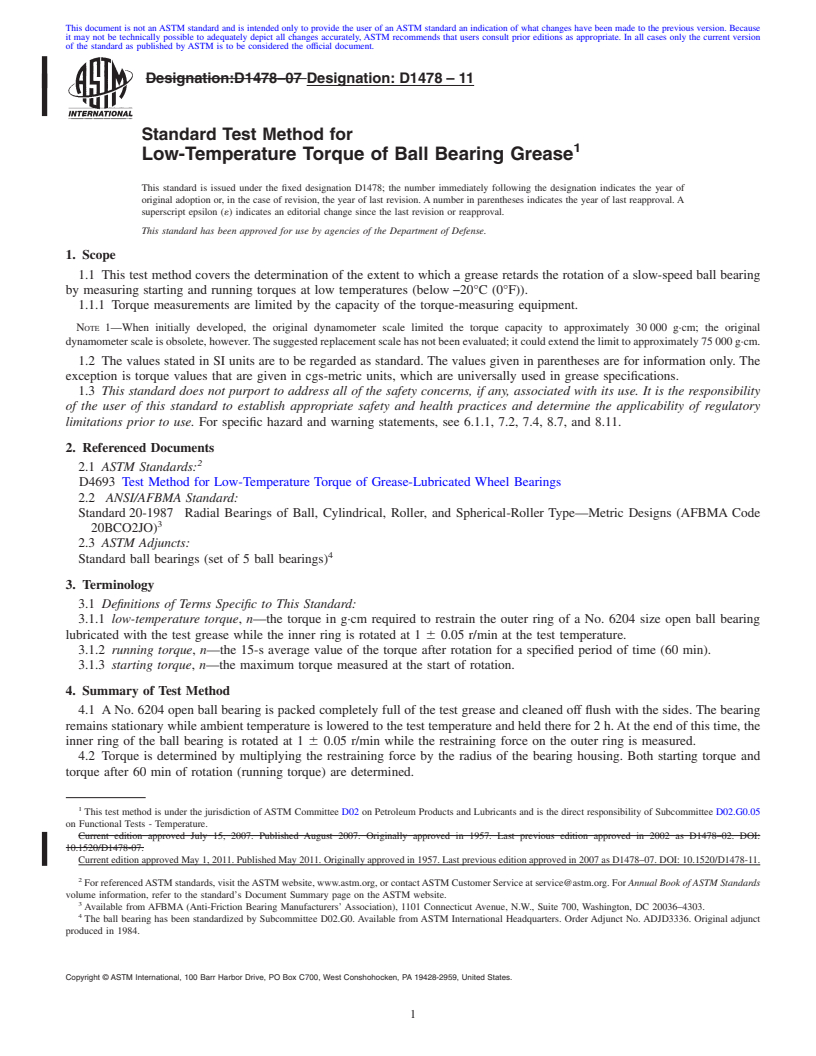 REDLINE ASTM D1478-11 - Standard Test Method for Low-Temperature Torque of Ball Bearing Grease