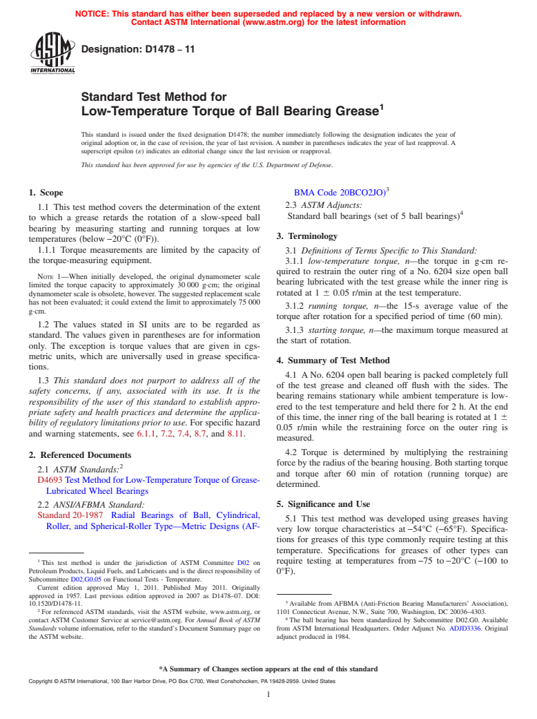 ASTM D1478-11 - Standard Test Method for Low-Temperature Torque of Ball Bearing Grease