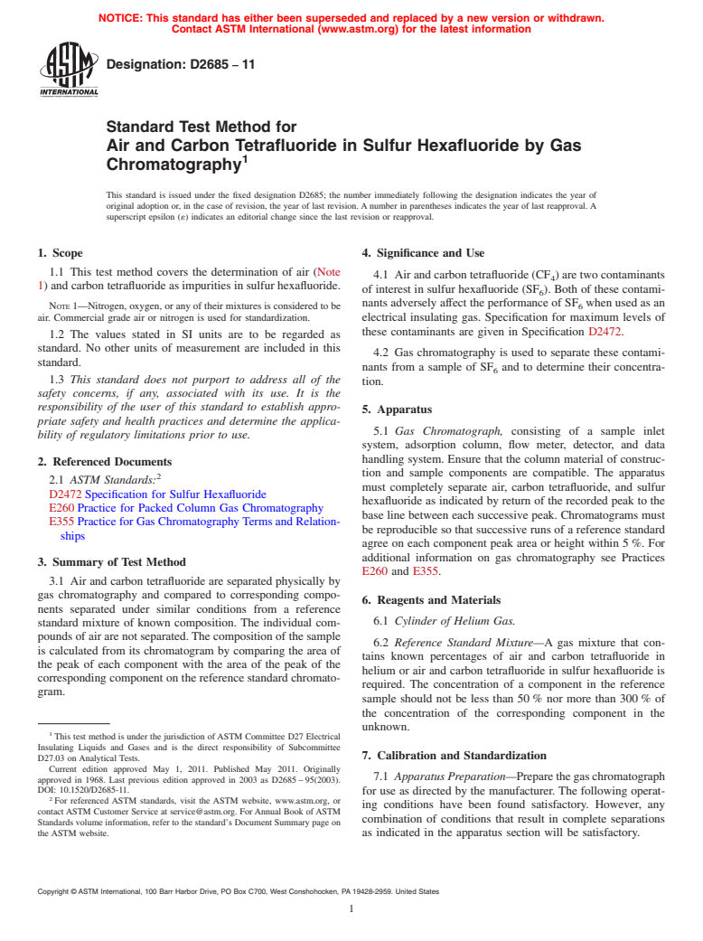 ASTM D2685-11 - Standard Test Method for Air and Carbon Tetrafluoride in Sulfur Hexafluoride by Gas Chromatography