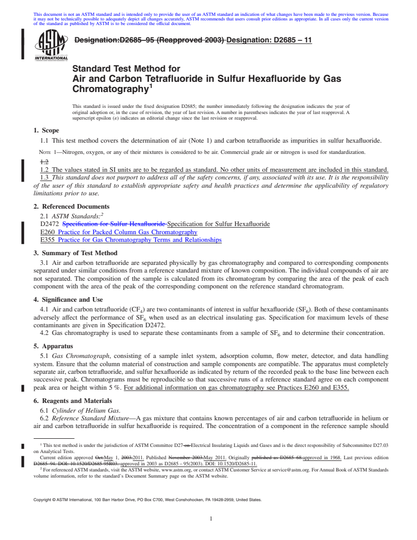 REDLINE ASTM D2685-11 - Standard Test Method for Air and Carbon Tetrafluoride in Sulfur Hexafluoride by Gas Chromatography