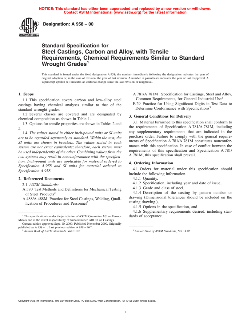 ASTM A958-00 - Standard Specification for Steel Castings, Carbon, and Alloy, with Tensile Requirements, Chemical Requirements Similar to Standard Wrought Grades