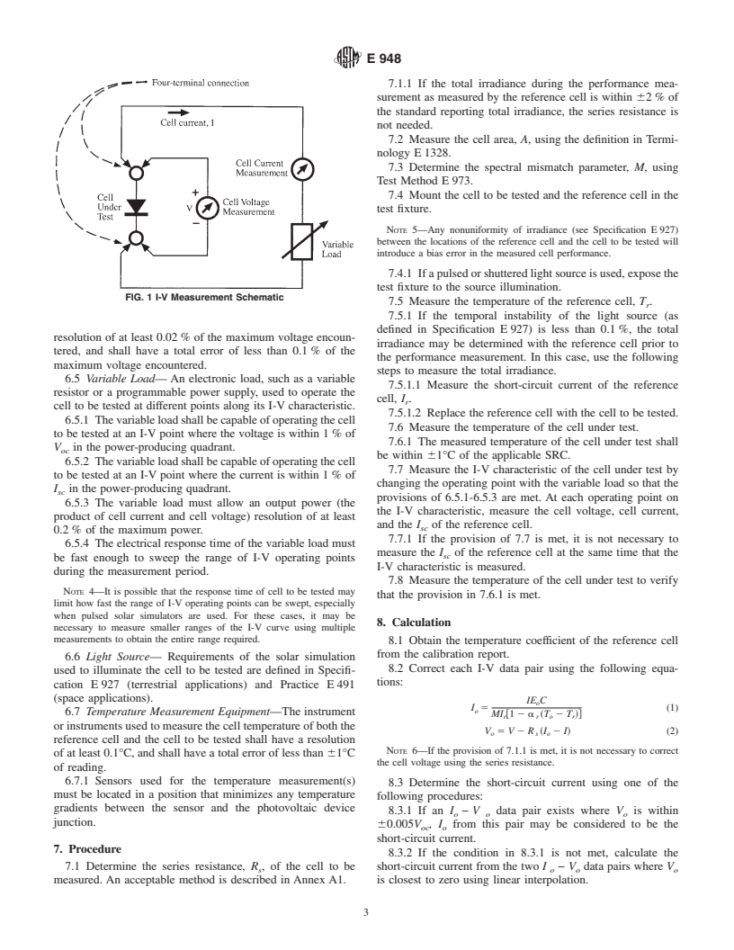 ASTM E948-95(2001) - Standard Test Method for Electrical Performance of Photovoltaic Cells Using Reference Cells Under Simulated Sunlight