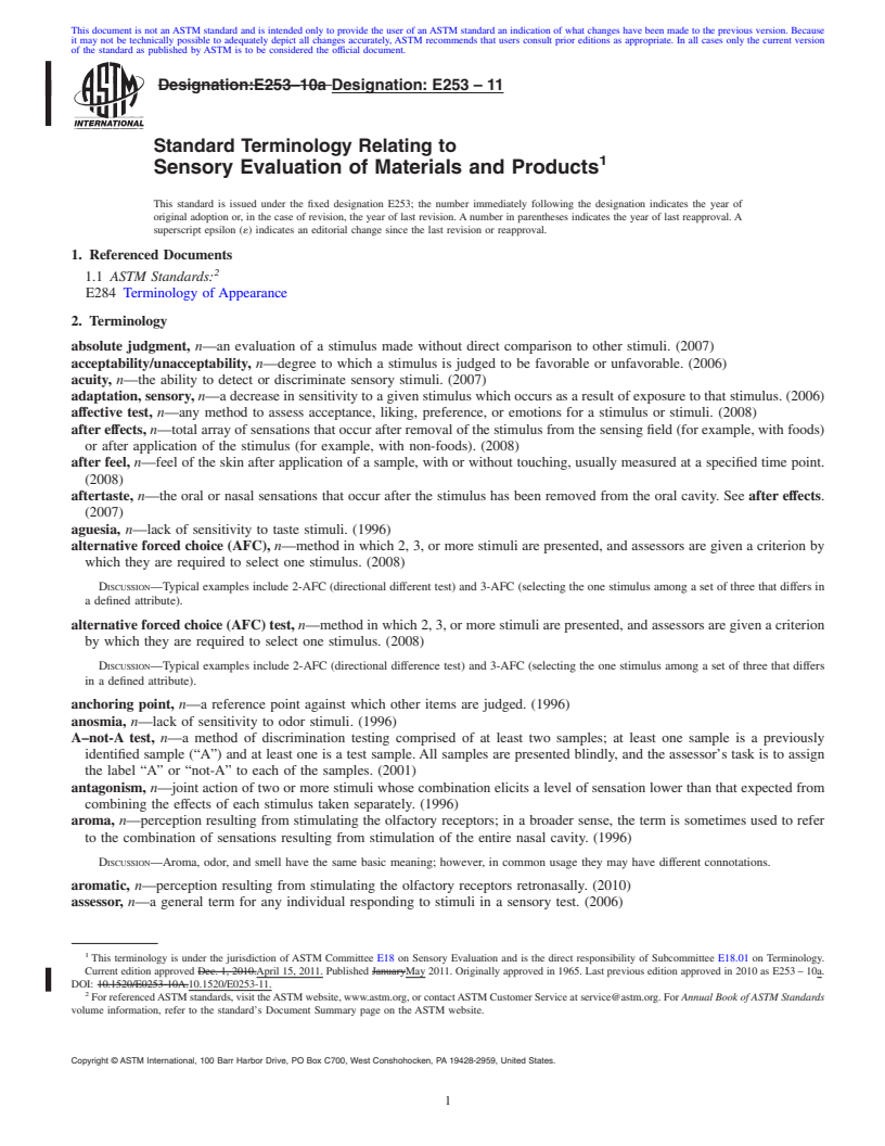REDLINE ASTM E253-11 - Standard Terminology Relating to Sensory Evaluation of Materials and Products