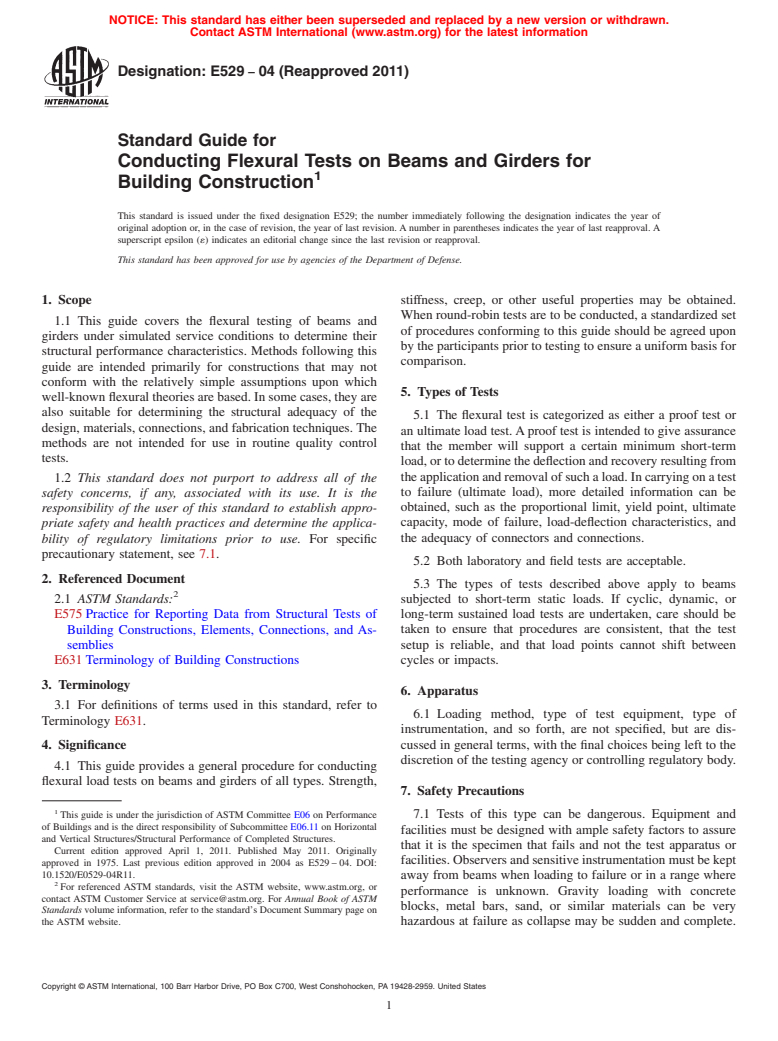 ASTM E529-04(2011) - Standard Guide for Conducting Flexural Tests on Beams and Girders for Building Construction