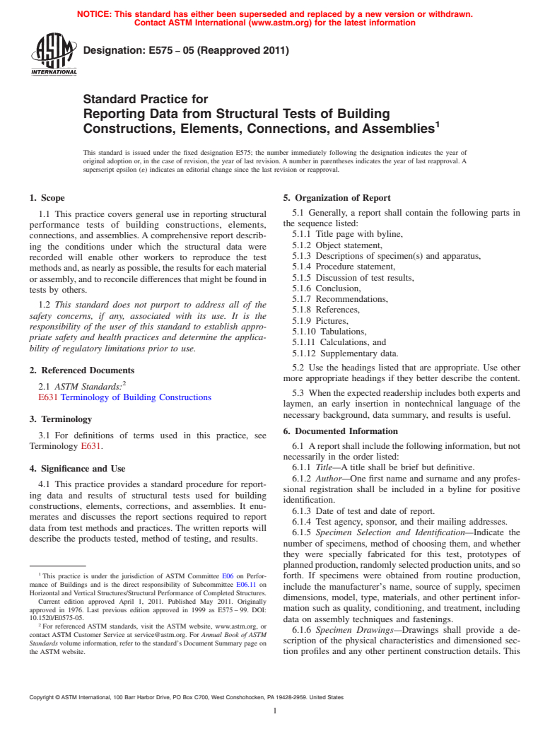 ASTM E575-05(2011) - Standard Practice for Reporting Data from Structural Tests of Building Constructions, Elements, Connections, and Assemblies