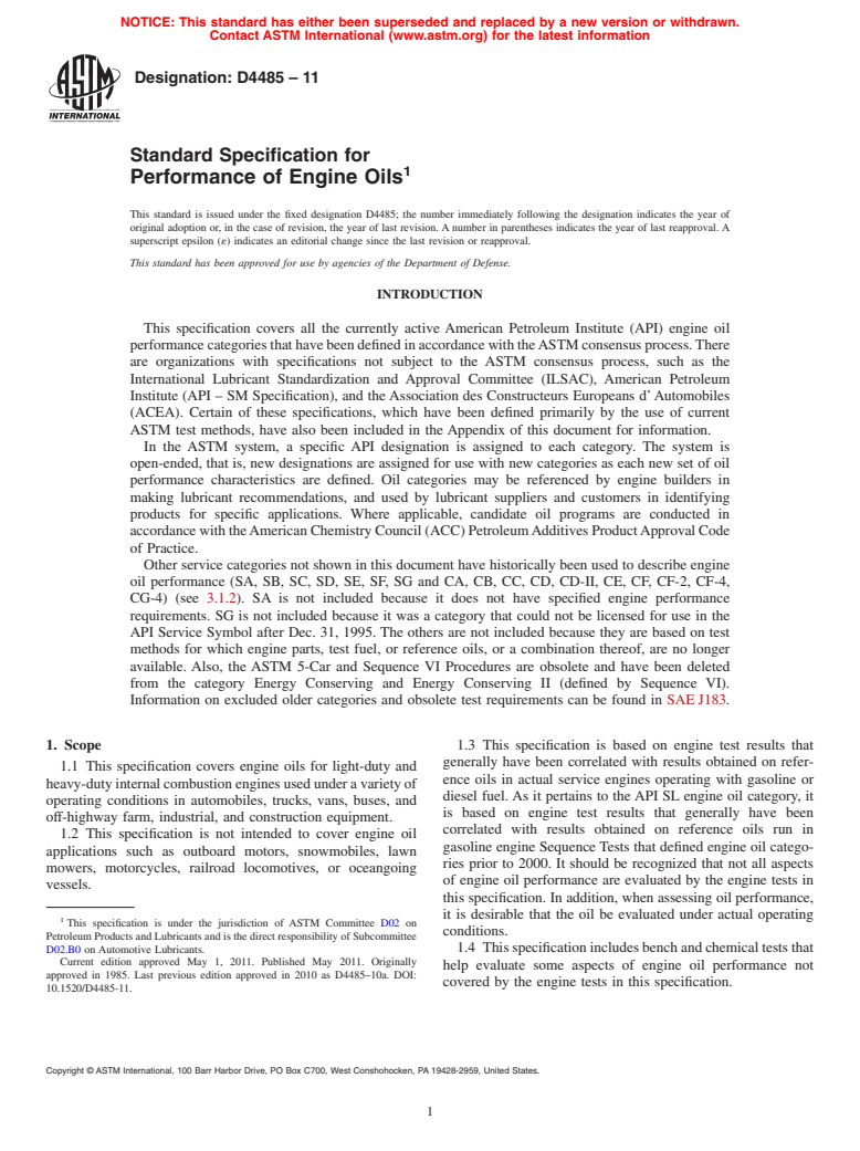 ASTM D4485-11 - Standard Specification for Performance of Engine Oils