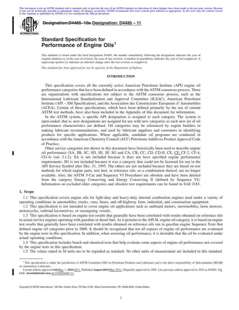 REDLINE ASTM D4485-11 - Standard Specification for Performance of Engine Oils