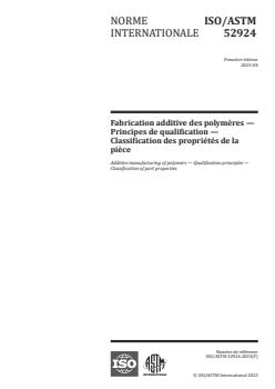 ISO/ASTM 52924:2023 - Fabrication additive des polymères — Principes de qualification — Classification des propriétés de la pièce
Released:4. 08. 2023 - Page 1 preview
