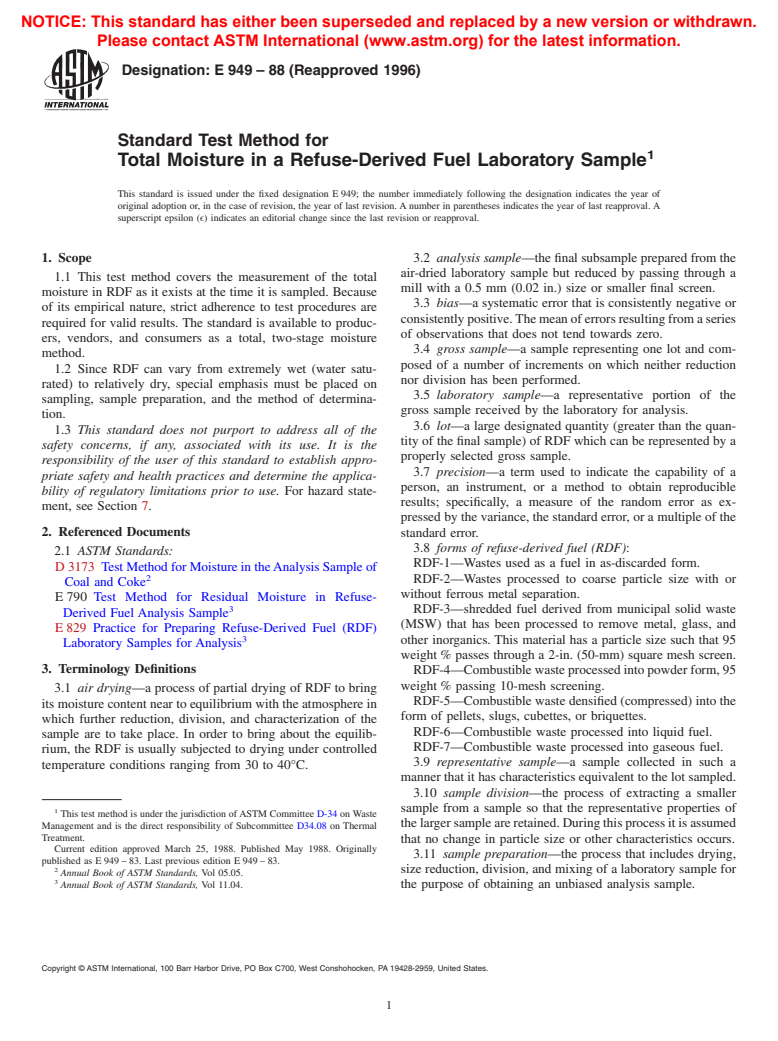 ASTM E949-88(1996) - Standard Test Method for Total Moisture in a Refuse-Derived Fuel Laboratory Sample