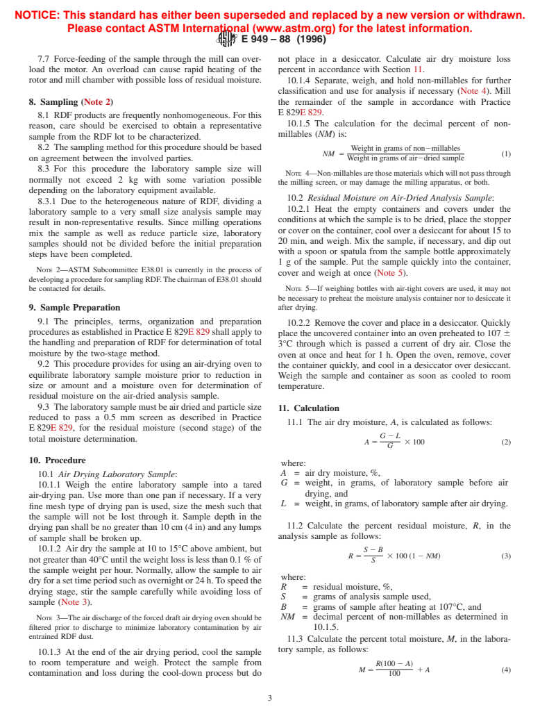 ASTM E949-88(1996) - Standard Test Method for Total Moisture in a Refuse-Derived Fuel Laboratory Sample