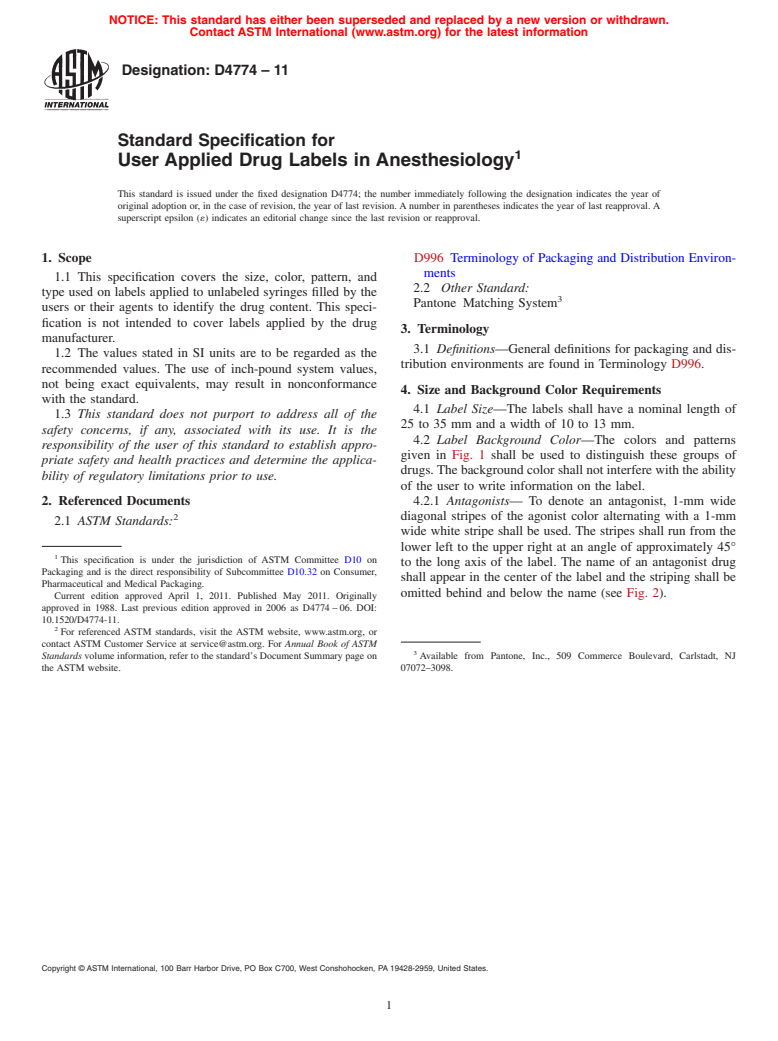 ASTM D4774-11 - Standard Specification for User Applied Drug Labels in Anesthesiology