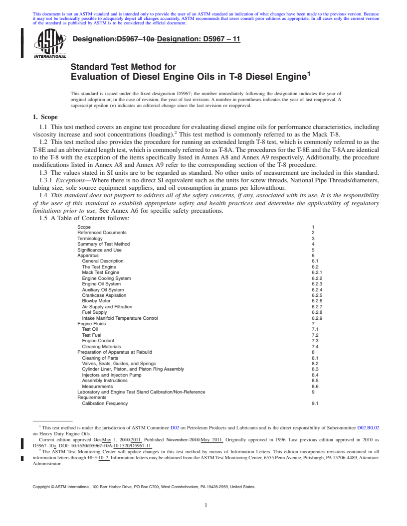 REDLINE ASTM D5967-11 - Standard Test Method for Evaluation of Diesel Engine Oils in T-8 Diesel Engine