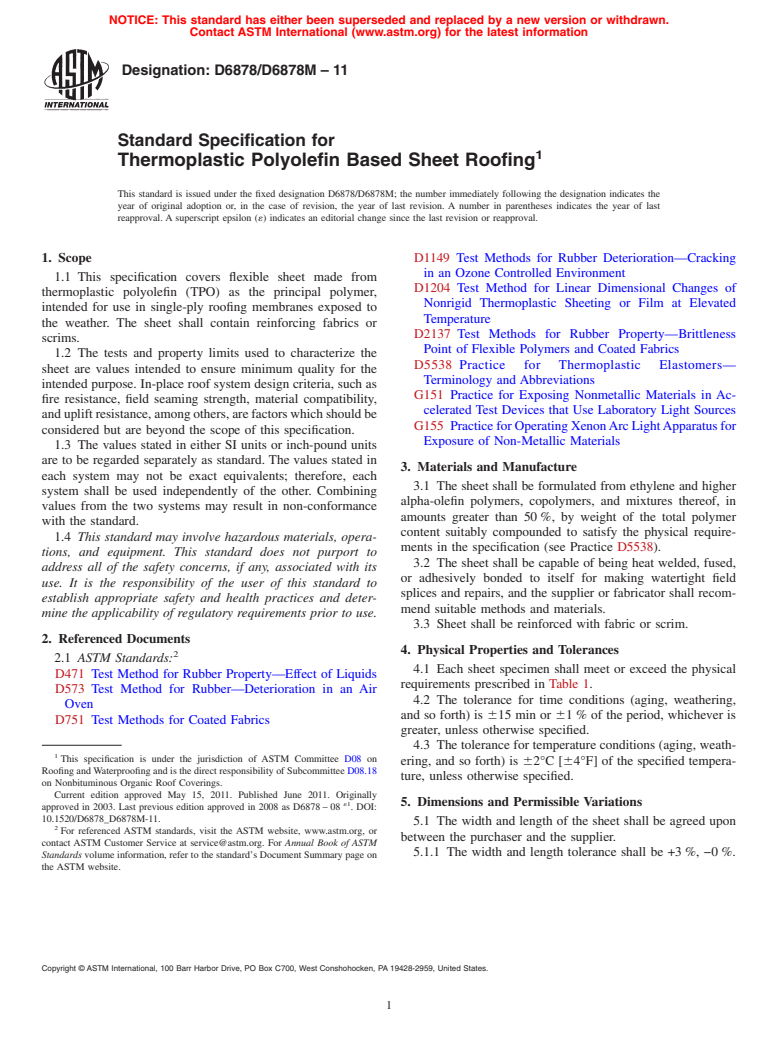 ASTM D6878/D6878M-11 - Standard Specification for Thermoplastic Polyolefin Based Sheet Roofing