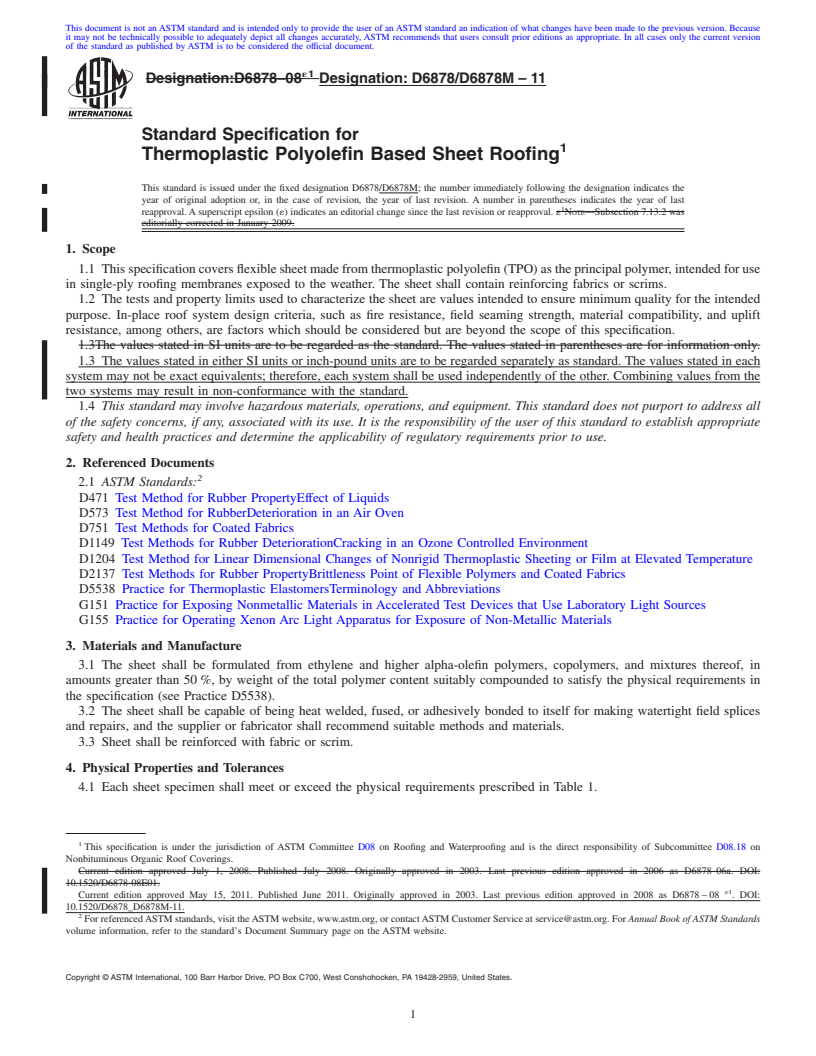 REDLINE ASTM D6878/D6878M-11 - Standard Specification for Thermoplastic Polyolefin Based Sheet Roofing