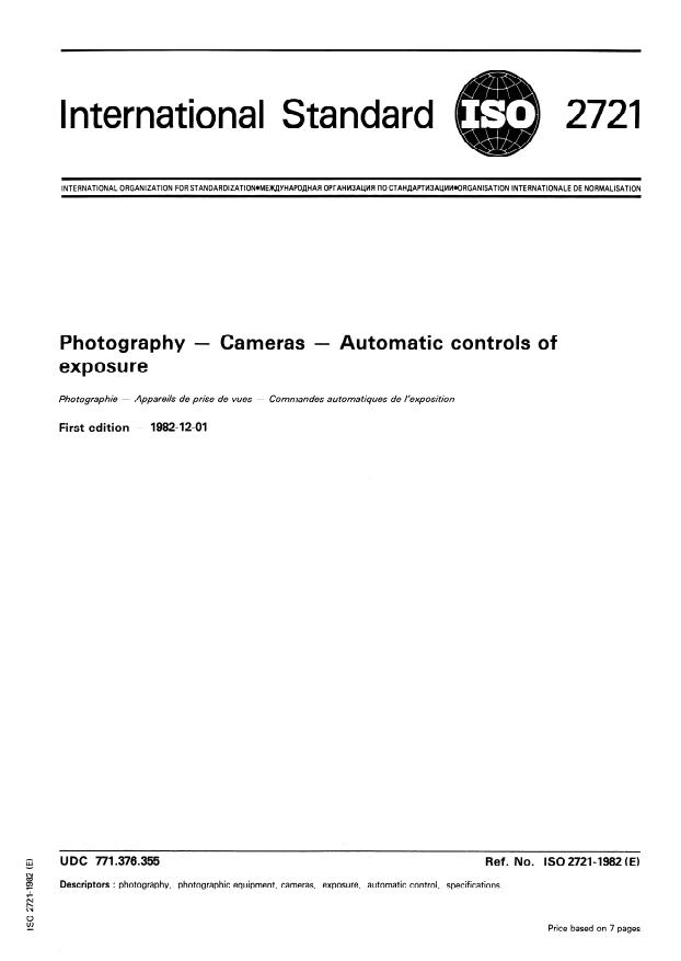 ISO 2721:1982 - Photography -- Cameras -- Automatic controls of exposure