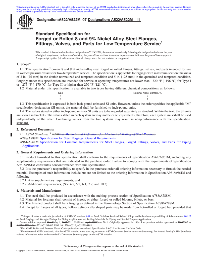 REDLINE ASTM A522/A522M-11 - Standard Specification for Forged or Rolled 8 and 9% Nickel Alloy Steel Flanges, Fittings, Valves, and Parts for Low-Temperature Service