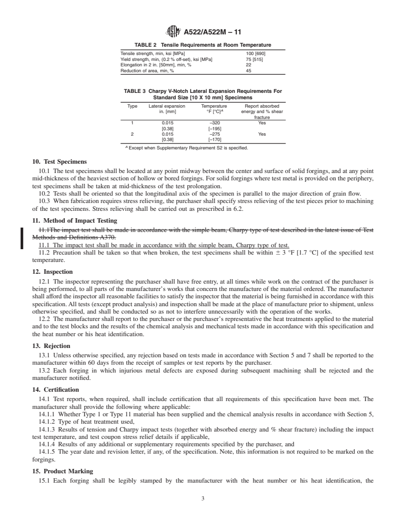 REDLINE ASTM A522/A522M-11 - Standard Specification for Forged or Rolled 8 and 9% Nickel Alloy Steel Flanges, Fittings, Valves, and Parts for Low-Temperature Service