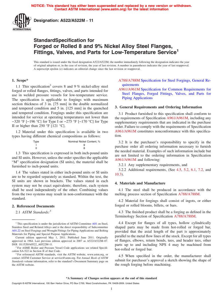 ASTM A522/A522M-11 - Standard Specification for Forged or Rolled 8 and 9% Nickel Alloy Steel Flanges, Fittings, Valves, and Parts for Low-Temperature Service