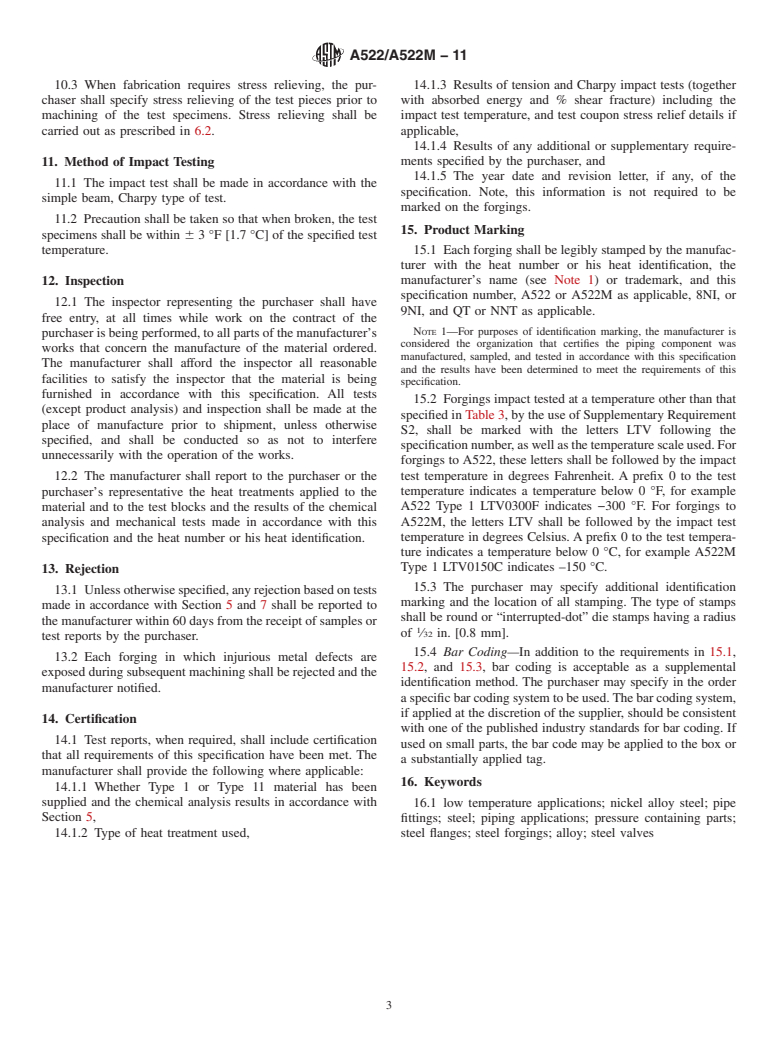 ASTM A522/A522M-11 - Standard Specification for Forged or Rolled 8 and 9% Nickel Alloy Steel Flanges, Fittings, Valves, and Parts for Low-Temperature Service