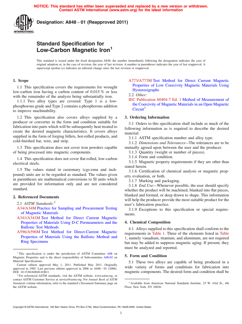 ASTM A848-01(2011) - Standard Specification for Low-Carbon Magnetic Iron