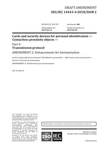 ISO/IEC 14443-4:2018/PRF Amd 2 - Enhancements for harmonization