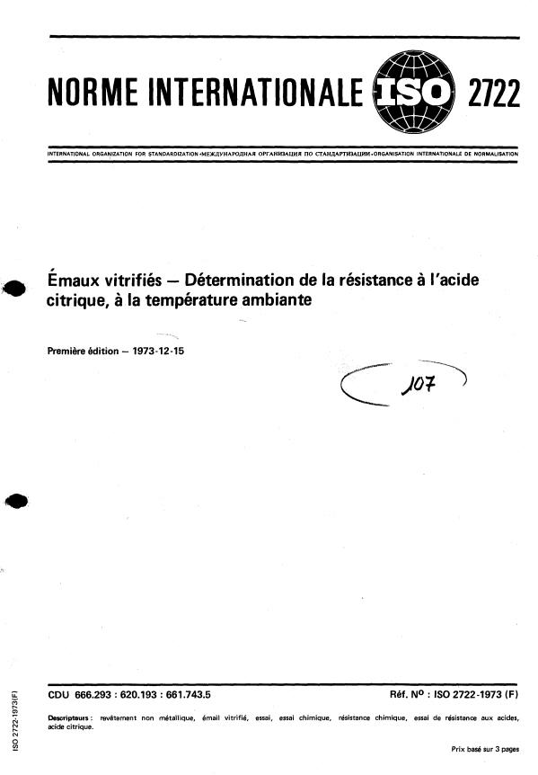ISO 2722:1973 - Émaux vitrifiés -- Détermination de la résistance a l'acide citrique, a la température ambiante