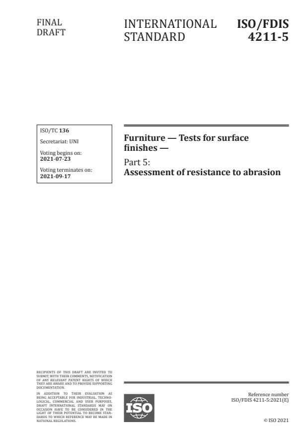 ISO/FDIS 4211-5:Version 17-jul-2021 - Furniture -- Tests for surface finishes