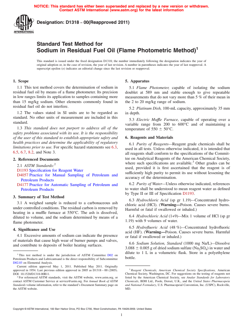 ASTM D1318-00(2011) - Standard Test Method for Sodium in Residual Fuel Oil (Flame Photometric Method)