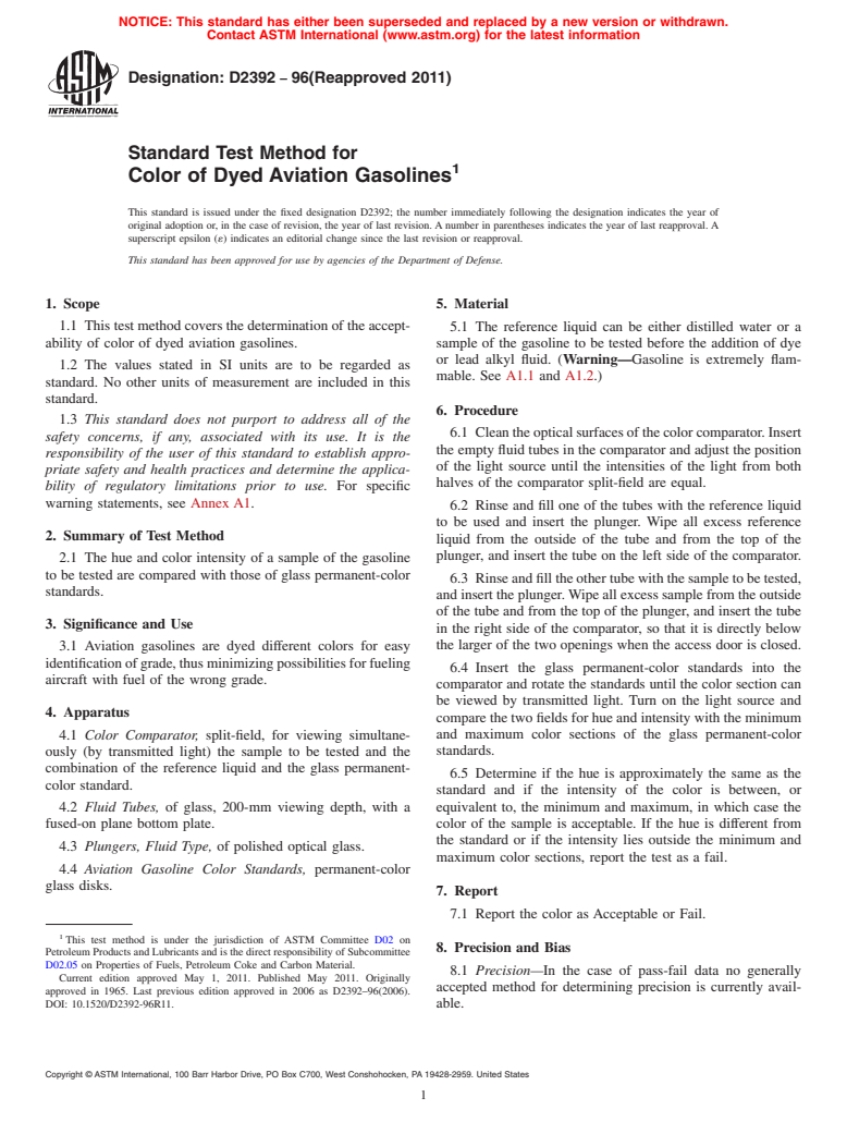 ASTM D2392-96(2011) - Standard Test Method for Color Of Dyed Aviation Gasolines