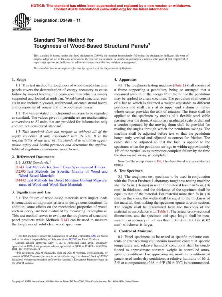 ASTM D3499-11 - Standard Test Method for Toughness of Wood-Based Structural Panels