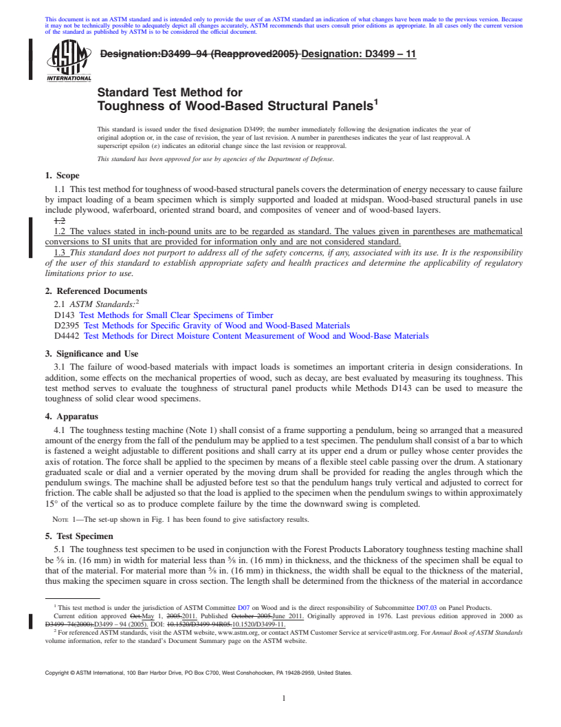 REDLINE ASTM D3499-11 - Standard Test Method for Toughness of Wood-Based Structural Panels