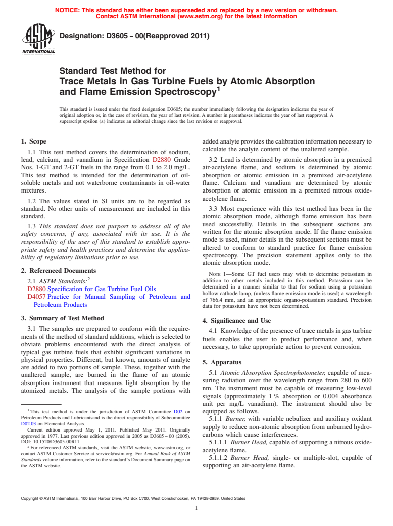 ASTM D3605-00(2011) - Standard Test Method for Trace Metals in Gas Turbine Fuels by Atomic Absorption and Flame Emission Spectroscopy