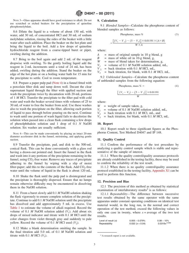 ASTM D4047-00(2011) - Standard Test Method for Phosphorus in Lubricating Oils and Additives by Quinoline Phosphomolybdate Method