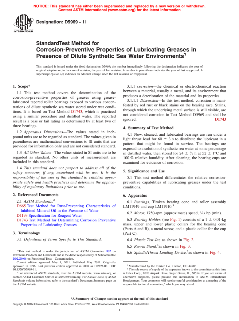 ASTM D5969-11 - Standard Test Method for Corrosion-Preventive Properties of Lubricating Greases in Presence of Dilute Synthetic Sea Water Environments