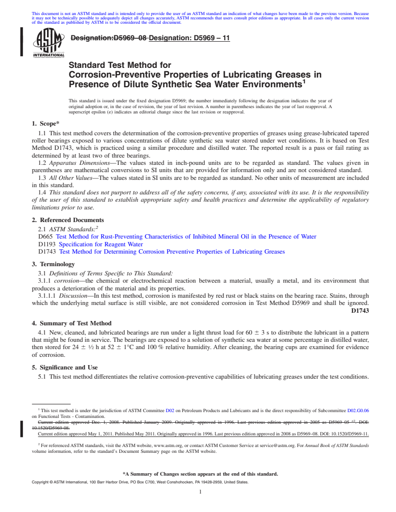 REDLINE ASTM D5969-11 - Standard Test Method for Corrosion-Preventive Properties of Lubricating Greases in Presence of Dilute Synthetic Sea Water Environments