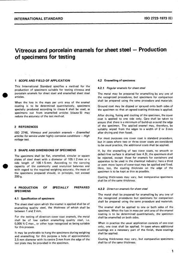ISO 2723:1973 - Vitreous and porcelain enamels for sheet steel -- Production of specimens for testing
