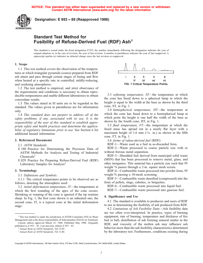 ASTM E953-88(1998) - Standard Test Method for Fusibility of Refuse-Derived Fuel (RDF) Ash