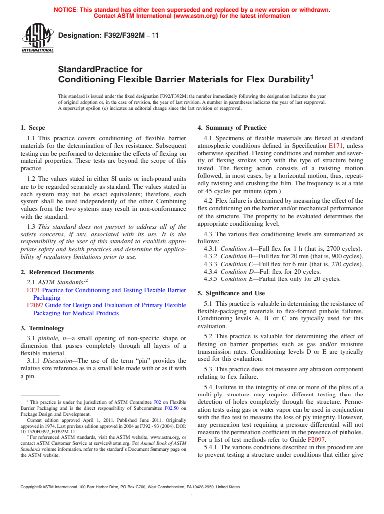 ASTM F392/F392M-11 - Standard Practice for Conditioning Flexible Barrier Materials for Flex Durability