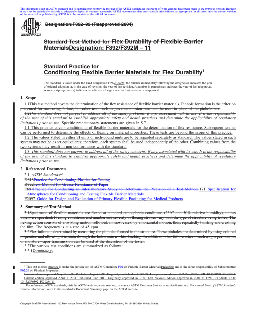 REDLINE ASTM F392/F392M-11 - Standard Practice for Conditioning Flexible Barrier Materials for Flex Durability