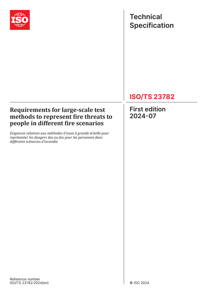 ISO/TS 23782:2024 - Requirements for large-scale test methods to represent fire threats to people in different fire scenarios
Released:17. 07. 2024
