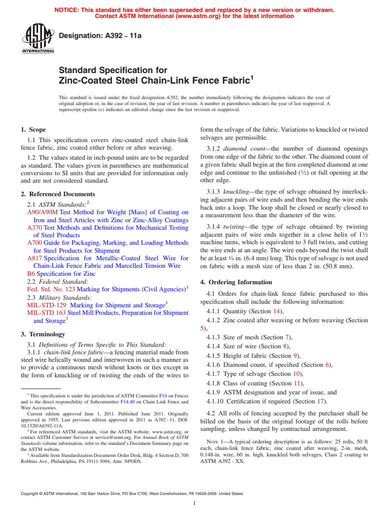 ASTM A392-11a - Standard Specification for Zinc-Coated Steel Chain-Link Fence Fabric