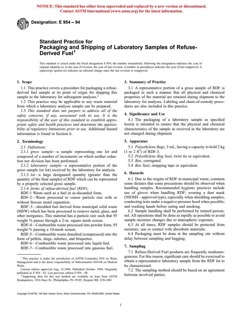 ASTM E954-94 - Standard Practice for Packaging and Shipping of Laboratory Samples of Refuse-Derived Fuel (Withdrawn 2002)