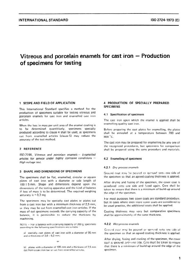ISO 2724:1973 - Vitreous and porcelain enamels for cast iron -- Production of specimens for testing