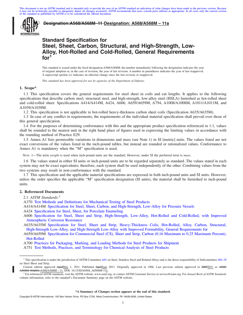 REDLINE ASTM A568/A568M-11a - Standard Specification for  Steel, Sheet, Carbon, Structural, and High-Strength, Low-Alloy,  Hot-Rolled  and Cold-Rolled, General Requirements for