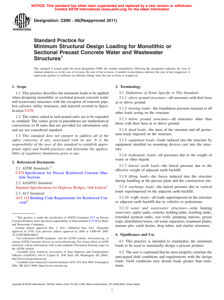 ASTM C890-06(2011) - Standard Practice for Minimum Structural Design Loading for Monolithic or Sectional Precast Concrete Water and Wastewater Structures