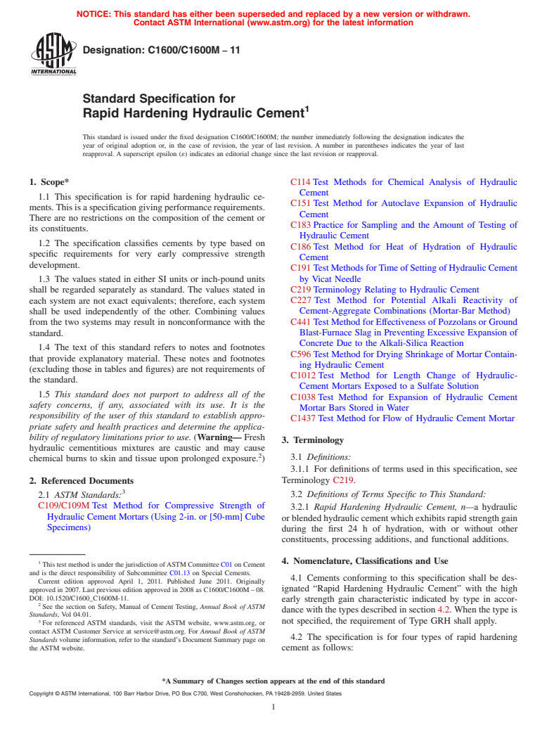 ASTM C1600/C1600M-11 - Standard Specification for Rapid Hardening Hydraulic Cement