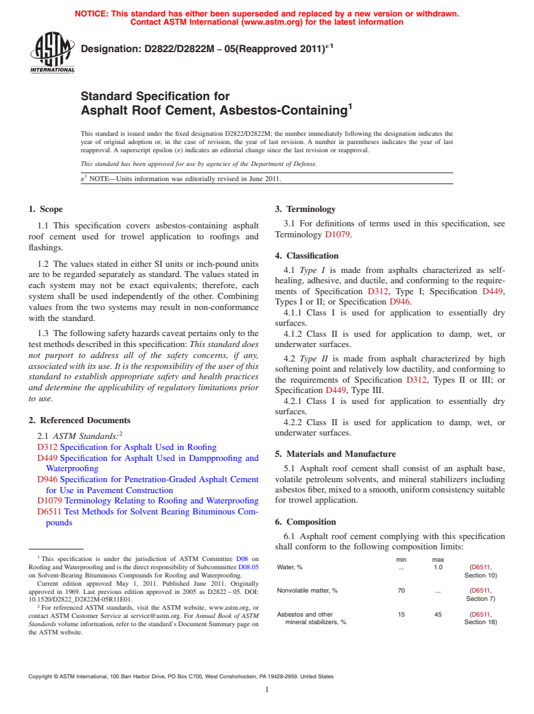 ASTM D2822/D2822M-05(2011)e1 - Standard Specification for Asphalt Roof Cement, Asbestos Containing (Withdrawn 2016)