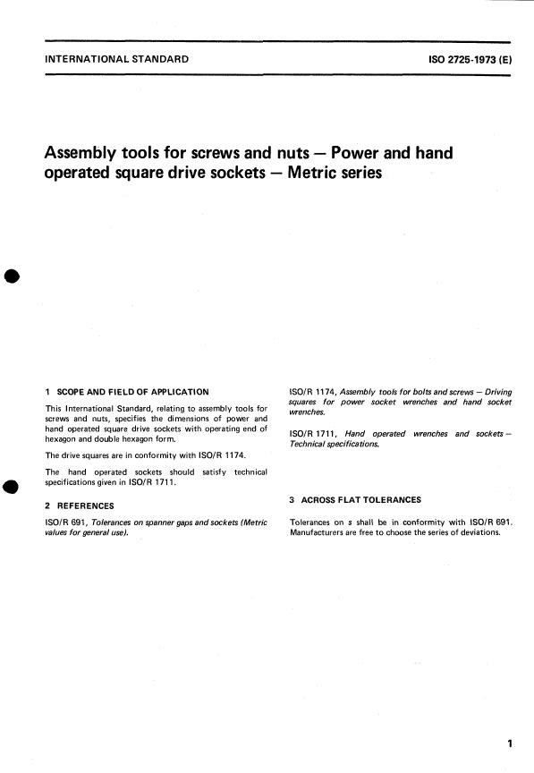 ISO 2725:1973 - Assembly tools for screws and nuts -- Power and hand operated square drive sockets -- Metric series