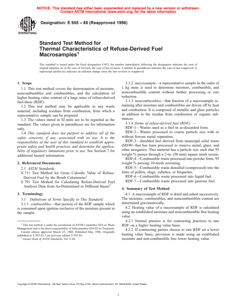 ASTM E955-88(1996) - Standard Test Method for Thermal Characteristics of Refuse-Derived Fuel Macrosamples